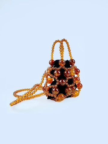 Handmade Amber Beaded Bucket Bag Women Retro Hollow Out Handbag Mini Drawstring Bag With Removable Shoulder Strap