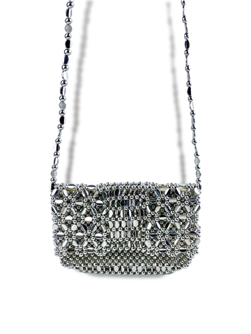 Handgefertigte Gewebte Perlen Blume Umhängetasche Silber Metallic Look Ajouré Kleine Schultertasche Für Party Damen Tasche
