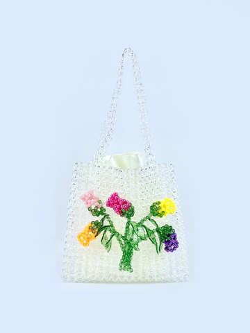 Handgefertigte Schultertasche Aus Acrylperlen Für Damen Mit 3D Blumen Rosenmustern Gewebte Transparente Tote Handtasche
