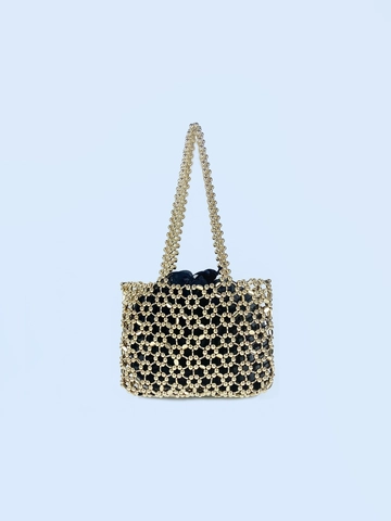 Gold Beaded Shoulder Bag Handmade Hollow Out Mesh Metallic Texture Underarm Tote For Women Casual Party Evening