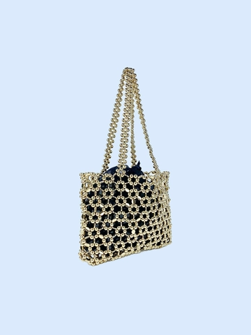 Gold Beaded Shoulder Bag Handmade Hollow Out Mesh Metallic Texture Underarm Tote For Women Casual Party Evening
