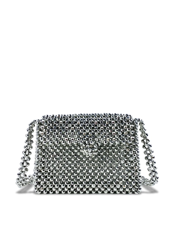Silver Metallic Beaded Crossbody Bag Handmade Woven Acrylic Shiny Retro Flap Small Square Purse For Women Daily Travel