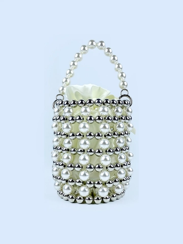 Women Hand-Woven Artificial Pearl Beaded Bucket Bag With Silver Metal Beads And Satin Drawstring Liner Fairy Style Handbag