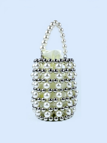 Women Hand-Woven Artificial Pearl Beaded Bucket Bag With Silver Metal Beads And Satin Drawstring Liner Fairy Style Handbag