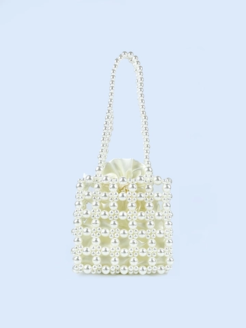 Elegant Hand Woven Artificial Pearl Beaded Handbag For Women French Style Mini Square Bag With Satin Drawstring Inner Pouch
