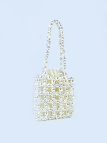 Elegant Hand Woven Artificial Pearl Beaded Handbag For Women French Style Mini Square Bag With Satin Drawstring Inner Pouch