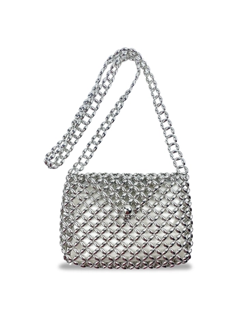 Silver Beaded Woven Crossbody Bag Hollow Out Mini Square Evening Handbag With Chain Strap For Women Retro Style