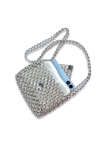 Silver Beaded Woven Crossbody Bag Hollow Out Mini Square Evening Handbag With Chain Strap For Women Retro Style