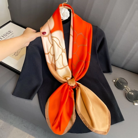 Floral Print Satin Scarf Large Square Shawl Breathable Simulated Satin Headscarf For Women Elegant Vintage Beach Wrap