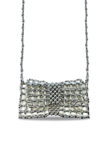Women Korean Style Metallic Woven Mini Crossbody Bag Luxury Bow Metal Mesh Handbag With Satin Lining For Party Wedding