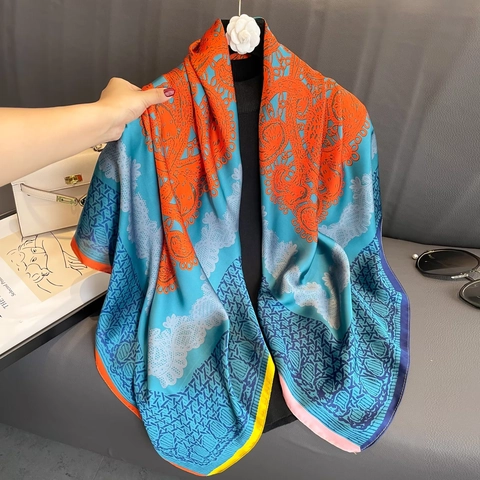 Dames Polyester Satijn Vierkante Sjaal Paisley Chinees Knoop Patroon Ademend Zonbescherming Sjaal Hoofddoek Elegant Glad Satijnachtig