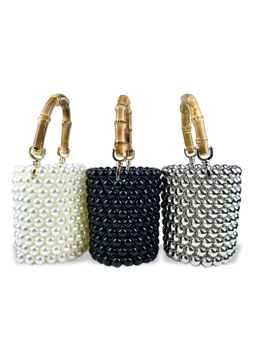 Damen Bambus Griff Perlen Eimer Tasche Perlenkette Mini Handtasche Umhängetasche Vintage Stil Casual Party Abendtasche
