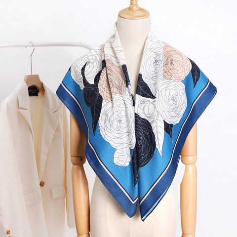 Women Cotton Linen Square Scarf Camellia Flower Print Large Herringbone Shawl Sunscreen Warm Elegant Wrap Headscarf