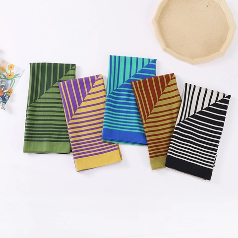 Cotton Linen Square Scarf Herringbone Geometric Striped Headscarf Fashionable Shawl For Women Lightweight Breathable Wrap