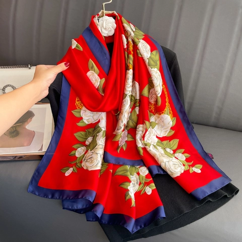 Écharpe Élégante Imprimé Camélia Satin Châle Longue Protection Solaire Foulard En Satin Pour Femmes Rétro Luxe