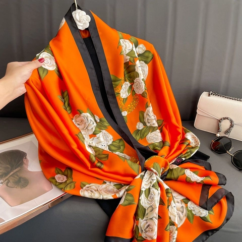 Écharpe Élégante Imprimé Camélia Satin Châle Longue Protection Solaire Foulard En Satin Pour Femmes Rétro Luxe