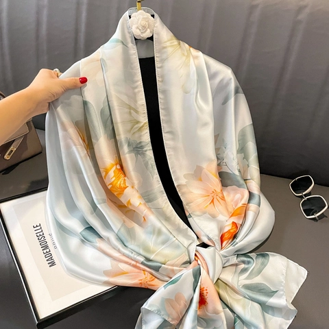 Dames Elegante Satijnen Lange Sjaal Met Bloemenprint Vintage Stijl Zachte Sjaal Zijdegevoel Voor Dagelijks Reizen Mode Accessoires