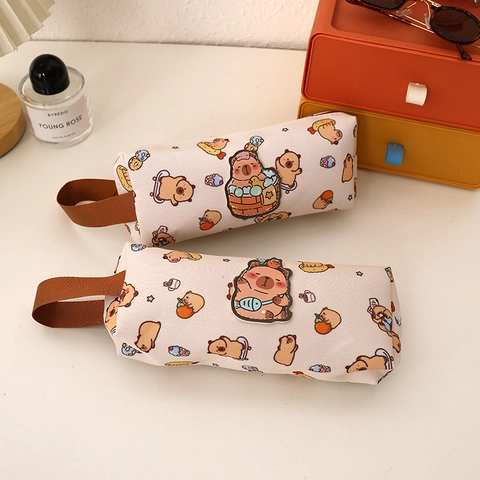 Cute Cartoon Capybara Pencil Case Large Capacity Canvas Stationery Pouch Portable Students Zipper Pencil Bag Organizer