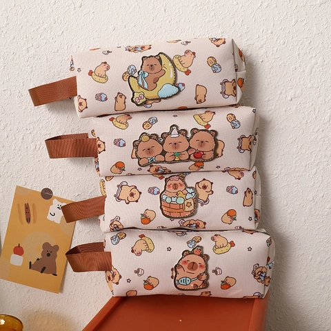 Cute Cartoon Capybara Pencil Case Large Capacity Canvas Stationery Pouch Portable Students Zipper Pencil Bag Organizer