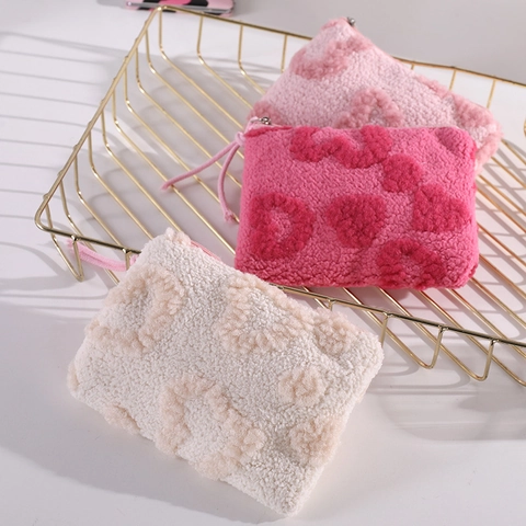 Sweet Heart Plush Pencil Case Soft Lamb Wool Makeup Bag Portable Zipper Pouch For Student Travel Accessory