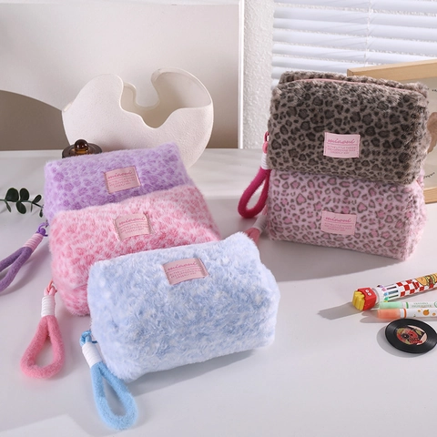 Plush Leopard Print Makeup Bag Faux Fur Cosmetic Pouch With Lanyard Portable Travel Storage Zipper Handbag For Women