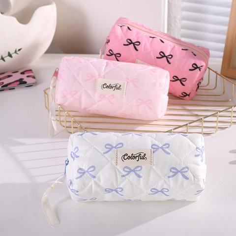 Quilted Bow Print Pencil Case Aesthetic Korean Style Polyester Zipper Makeup Bag Portable Stationery Pouch For Students