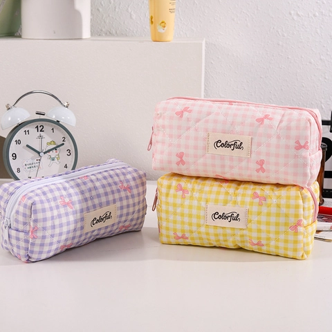 Estuche Para Lápices De Algodón Acolchado Gingham Gran Capacidad Lazo Estética Bolsa De Maquillaje Para Estudiantes Niñas Estilo Coreano