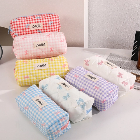 Estuche Para Lápices De Algodón Acolchado Gingham Gran Capacidad Lazo Estética Bolsa De Maquillaje Para Estudiantes Niñas Estilo Coreano
