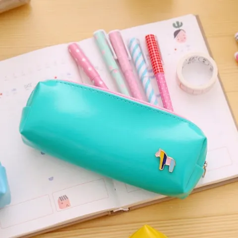 Cute Pencil Case PU Leather Macaron Color Small Horse Badge Zipper Stationery Pouch Korean Style For Students And Office