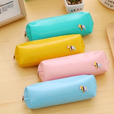 Cute Pencil Case PU Leather Macaron Color Small Horse Badge Zipper Stationery Pouch Korean Style For Students And Office