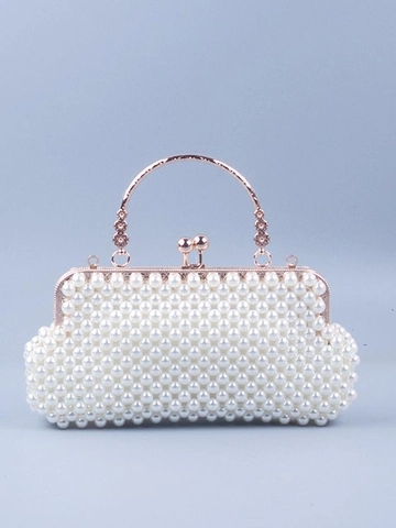 Beaded Faux Kunstparel Avondtas Handtas Met Metalen Handvat Vintage Franse Stijl Elegante Clutch Voor Dames Bruiloft Feest
