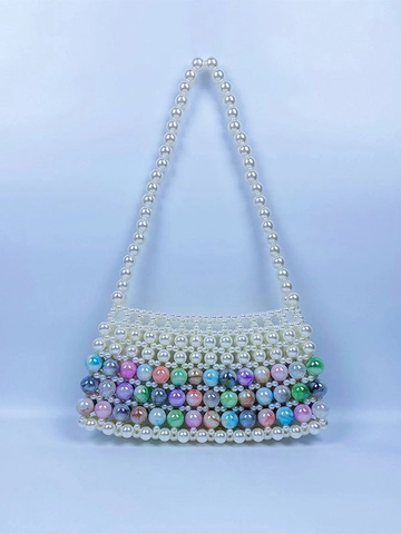 Handmade Artificial Pearl Beaded Shoulder Bag Acrylic Multicolor Woven Hollow Out Vintage Underarm Handbag For Women