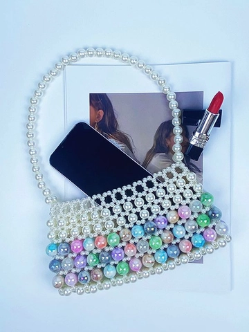 Handmade Artificial Pearl Beaded Shoulder Bag Acrylic Multicolor Woven Hollow Out Vintage Underarm Handbag For Women