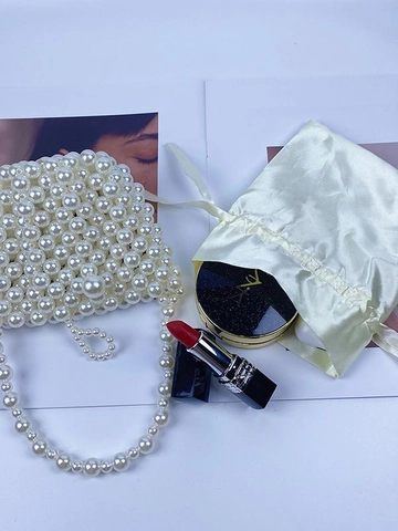 Handmade Beaded Artificial Pearl Bucket Bag For Women Vintage Woven Handbag With Satin Inner Pouch Evening Wedding Jewelry Accessory