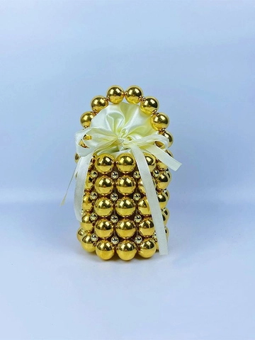 Mini Beaded Handbag Hand-Woven Artificial Pearl Metal Bead Bucket Bag With Satin Drawstring Pouch Elegant Evening Purse For Women