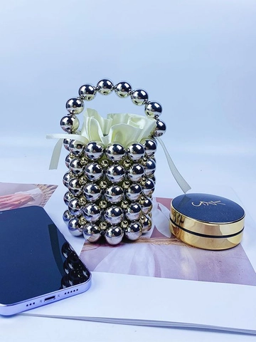 Mini Beaded Handbag Hand-Woven Artificial Pearl Metal Bead Bucket Bag With Satin Drawstring Pouch Elegant Evening Purse For Women