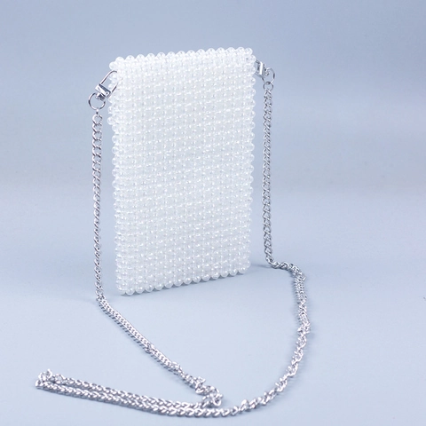 Handmade Beaded Crossbody Phone Bag For Women Mini Artificial Pearl Shoulder Bag With Metal Chain Strap Elegant Vintage Style
