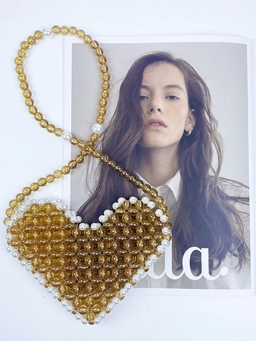 Heart Shaped Beaded Shoulder Bag Amber Acrylic Beads With White Faux Artificial Pearl Trim Handmade Woven Fashionable Niche Style