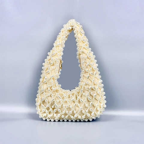 Elegant Beaded Handbag For Women With Faux Artificial Pearl Woven Underarm Bag Acrylic Material Zip Closure Retro Chic