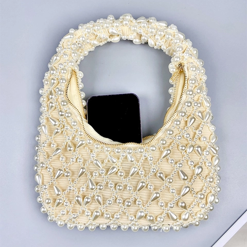 Elegant Beaded Handbag For Women With Faux Artificial Pearl Woven Underarm Bag Acrylic Material Zip Closure Retro Chic