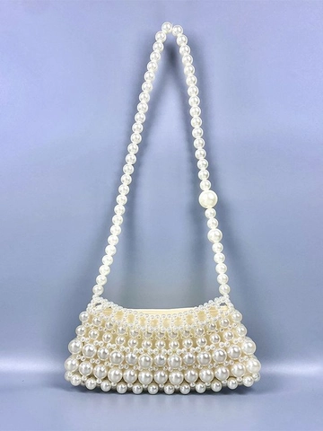 Handmade Artificial Pearl Beaded Handbag Retro French Style Woven Shoulder Bag Underarm Crossbody Purse For Women Party Elegant
