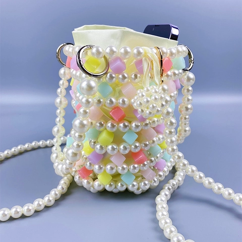 Handmade Beaded Bucket Bag Colorful Acrylic Faux Artificial Pearl Hollow Woven Drawstring Satin Liner French Style Women