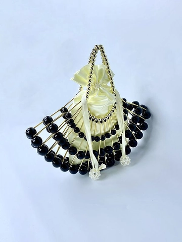 Fan Shaped Beaded Evening Bag Hollow Metal Frame Acrylic Beads Satin Drawstring Liner French Retro Handbag For Women
