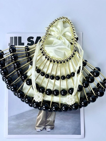 Fan Shaped Beaded Evening Bag Hollow Metal Frame Acrylic Beads Satin Drawstring Liner French Retro Handbag For Women
