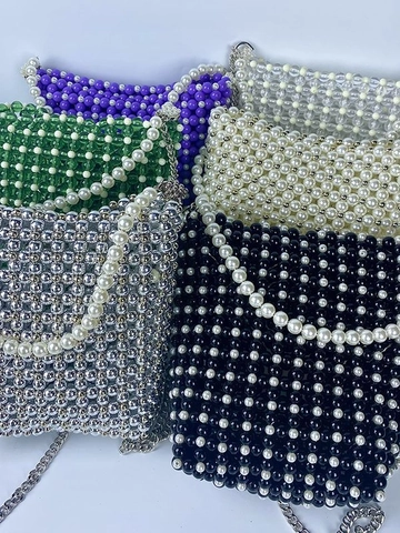 Handmade Beaded Bucket Bag For Women Faux Pearl Woven Handbag With Metal Chain Shoulder Strap Elegant Mini Party Bag