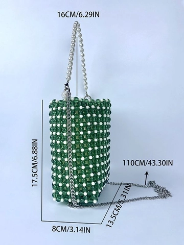 Handmade Beaded Bucket Bag For Women Faux Pearl Woven Handbag With Metal Chain Shoulder Strap Elegant Mini Party Bag