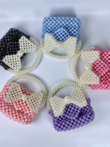 Handmade Beaded Pearl Handbag Women Sweet Bowknot Mini Princess Style Acrylic Woven Evening Bag Party Wedding Accessory