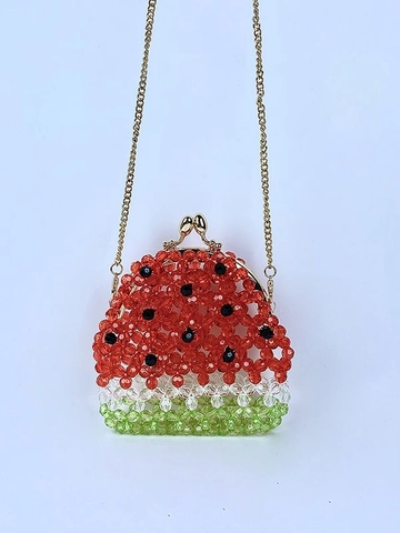 Sac Bandoulière pour Femme Forme Pastèque Perlé à la Main Mini Sac à Épaule en Acrylique avec Chaîne et Fermoir à Baiser Porte-Monnaie Sac à Rouge à Lèvres