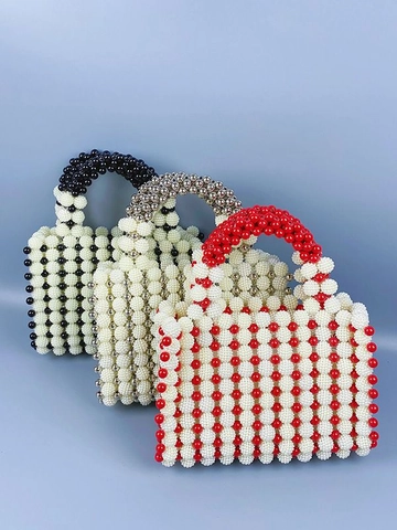 Handmade Beaded Handbag Acrylic Artificial Pearl Woven Square Bag Vintage Elegant Evening Tote For Women