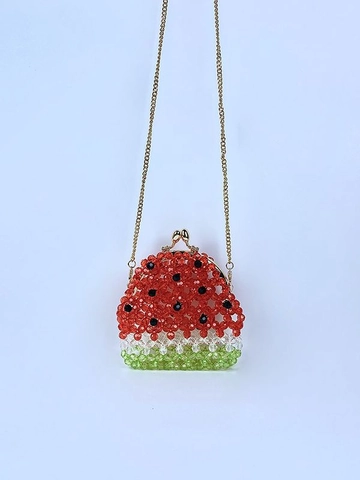 Sac Bandoulière pour Femme Forme Pastèque Perlé à la Main Mini Sac à Épaule en Acrylique avec Chaîne et Fermoir à Baiser Porte-Monnaie Sac à Rouge à Lèvres